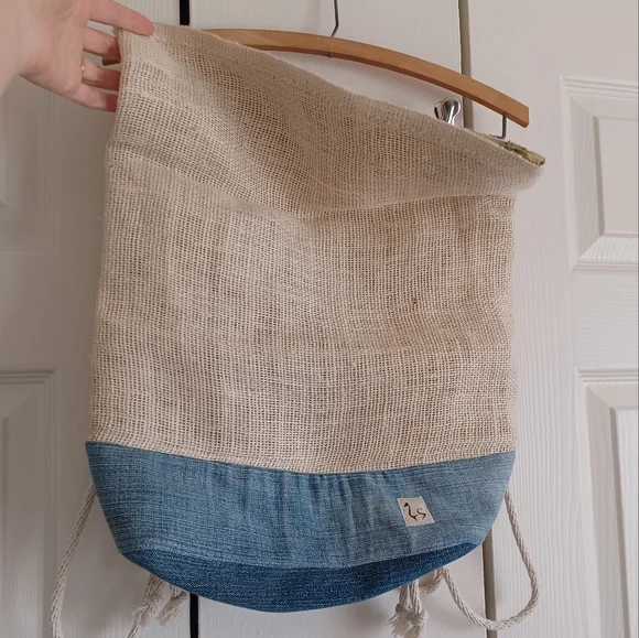 Handmade and Designed Denim and Burlap Backpack, Rucksack, Unique, Upcycled - Picture 2 of 10